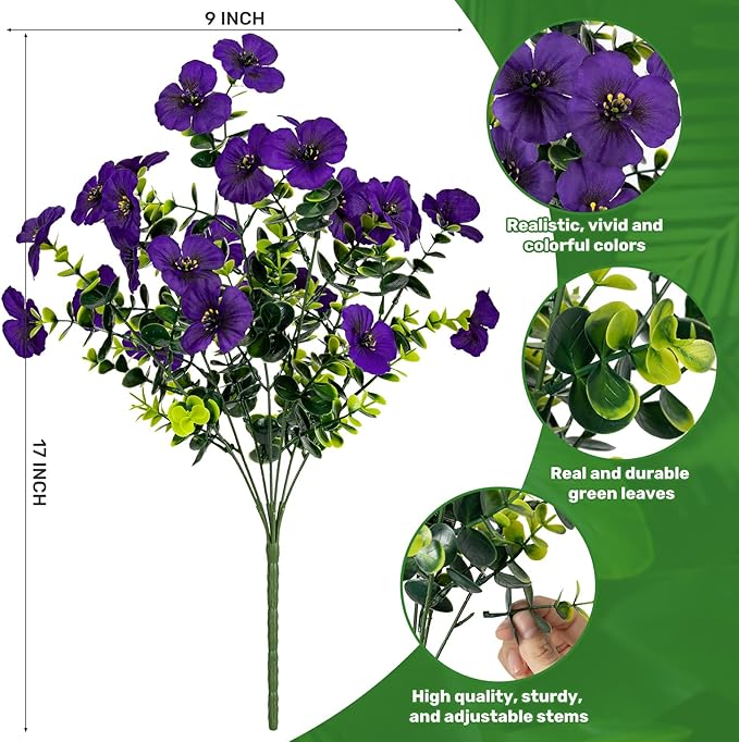 17 Inch Artificial Faux Pansy Flowers for Outdoor,Fake Pansies Flowers with Eucalyptus Leaves Fake Plants Greenery Boxwood Porch Patio Decor 6 Bundles(Dark Purple, Yellow, White)