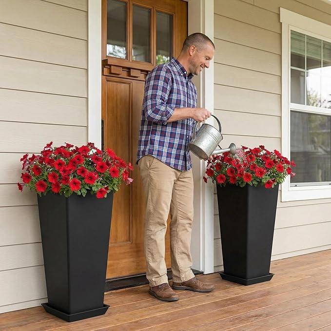 FENCY Set of 2 Tall Planters for Outdoor Plants, 24 Inch Large Tapered Pots with Drainage Trays, Weather-Resistant Plastic Plant Containers for Patio, Porch, Garden, Front Door Decor,Black