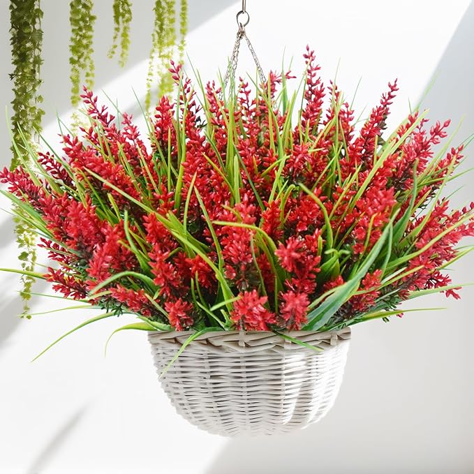 Kinisty 20 Bundles Outdoor Artificial Plants and Flowers, UV Resistant Faux Monkey Grass with Lavender and Fake Plastic Greenery for Spring Summer Outside Planter Porch Garden Decor, Red