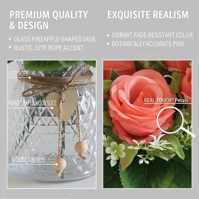 Faux Flowers in Vase, 18 Pcs Fake Rose Flowers, Artificial Flowers for Home Decor, Indoor Centerpiece for Living Room & Dining Table - Pink