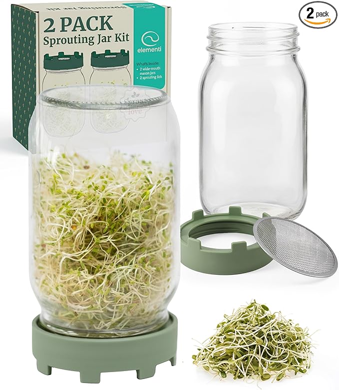 Elementi Sprouting Jar Kit - Set of 2 Wide Mouth Mason Jars with Sprout Lids & Stainless Steel Mesh Screen - Seed Sprouting Kit & Sprout Jars for Growing Broccoli Sprouts, Alfalfa, Mung Bean Sprouter