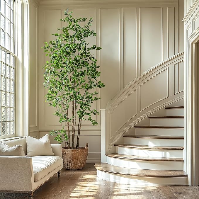 Bailikang Artificial Ficus Tree Indoor 8ft, Large Potted Faux Tree with Realistic Silk Leaves & Trunk for Home Office, Living Room Corner Decor