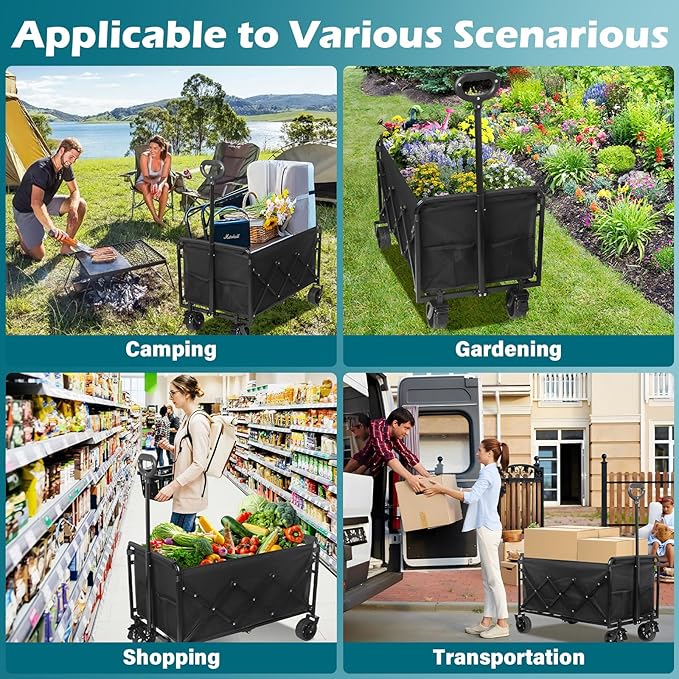 Collapsible Wagon Cart with Wheels Foldable: 500LBS Heavy Duty Folding Utility Wagon - Portable All Terrain Grocery Wagon Cart for Groceries Shopping Outdoor Camping Sports (Black-500Lbs)