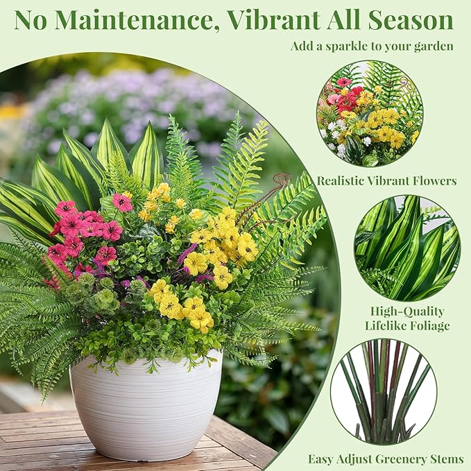 Alupssuc 48Pcs Artificial Flowers and Plants,UV Resistant & No Fade Fake Plastic Greenery Shrubs for Home Garden, Pathway, Front Porch-Spring Summer Decor, Indoor/Outdoor Use,Rosy Purple Yellow Pink