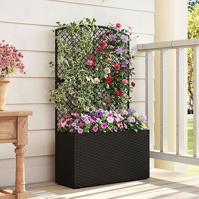 HAPPYGRILL Raised Garden Bed with Trellis, 49" Wicker Planter Box w/Privacy Screen, Liner, Drainage for Patio Balcony, Outdoor PE Rattan Elevated Garden Bed for Climbing Plant Vine Flower (Black,2)