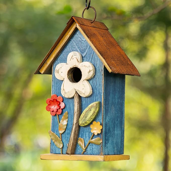 Glitzhome Hanging Bird House for Outdoor, 10.2" H Patio Garden Decorative Birdhouse Pet Cottage Distressed Wooden Bird House for Swallow Sparrow Finch Cardinals, Flower Rustic Blue