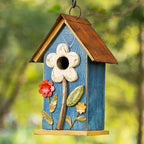 Glitzhome Hanging Bird House for Outdoor, 10.2" H Patio Garden Decorative Birdhouse Pet Cottage Distressed Wooden Bird House for Swallow Sparrow Finch Cardinals, Flower Rustic Blue