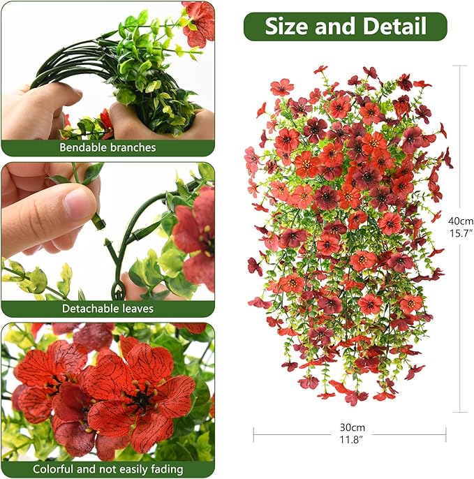 Homsunny Artificial Fake Flowers Plants for Outdoor Decoration, 2 PCS Faux Mums Summer Flowers for Outside UV Resistant Realistic for Porch Patio Garden Yard Balcony Home Decor(Red Brown)