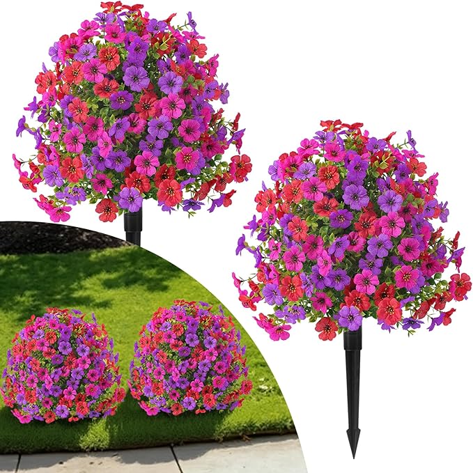 Alupssuc 2Pcs 20" Artificial Topiary Ball Flowers for Outdoors, Spring Decoration with Spike, UV Resistant Faux Summer Plants, Fake Bushes Indoor Decor, Red Rose Purple for Garden, Porch & Patio, Home