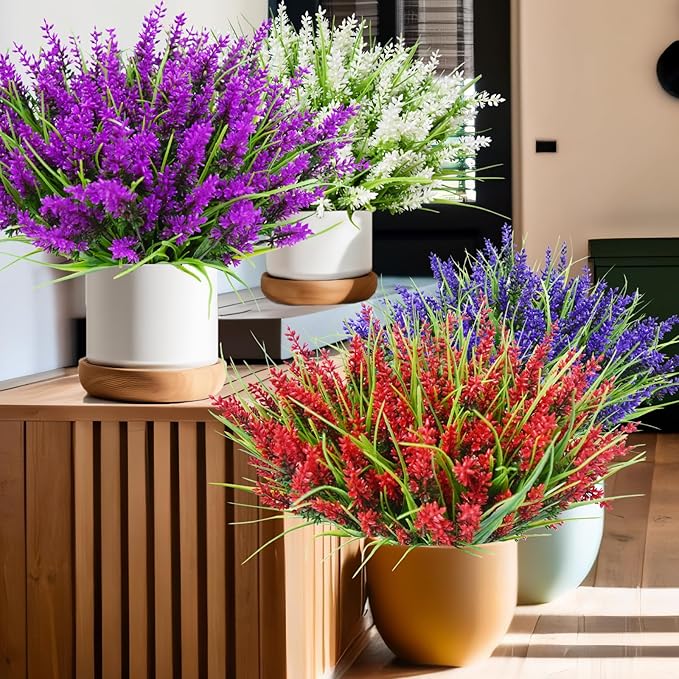 Kinisty 20 Bundles Outdoor Artificial Plants and Flowers, UV Resistant Faux Monkey Grass with Lavender and Fake Plastic Greenery for Spring Summer Outside Planter Porch Garden Decor, Fuchsia