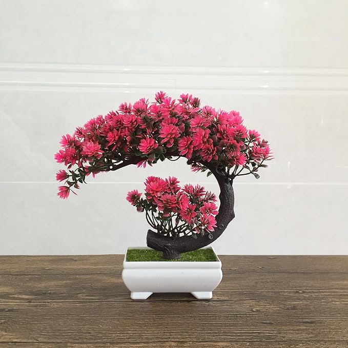 Fake Plants Small Artificial Bonsai Tree for Home Decor Living Room Bathroom Bookshelf Entryway Table Wall Shelf Modern Farmhouse Decor, 8.5" Tall, Magenta