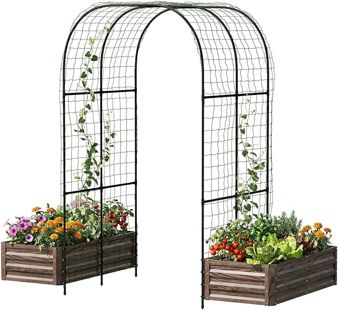 SUNYRISY Galvanized Raised Garden Bed with 87" H Arch Trellis for Climbing Plants Outdoor, Metal Planter Box with Netting for Gardening Flowers Vegetables Fruit, Wood Grain