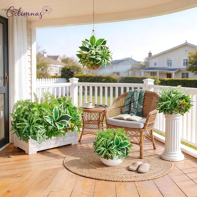Artificial Plants Outdoor,12PCS UV Resistant Fake Greenery with Stems Faux Plant Outside for Front Proch Garden Patio Planters Window Boxes Home Decor(Not Included Pot)