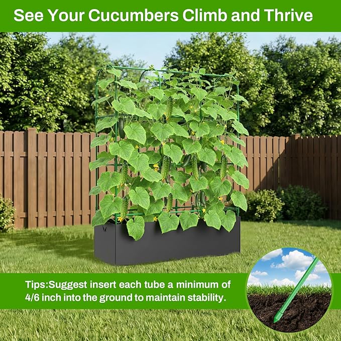 U-Shape Cucumber Trellis with Grow Bag, 64" Tall Metal Garden Trellis for Climbing Plants Outdoor, Reusable Cucumber Trellis for Raised Bed with Garden Netting for Tomatoes, Peas, Plant Vines Support