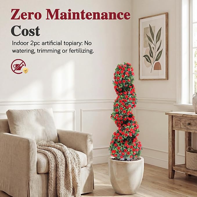 PATIO CHOICE 3ft Artificial Topiary Spiral Trees with Rose Set of 2 36" High End Outdoor Faux Plants Realistic Faux Bushes and Shrubs Decorations for Outdoor Front Porch Garden