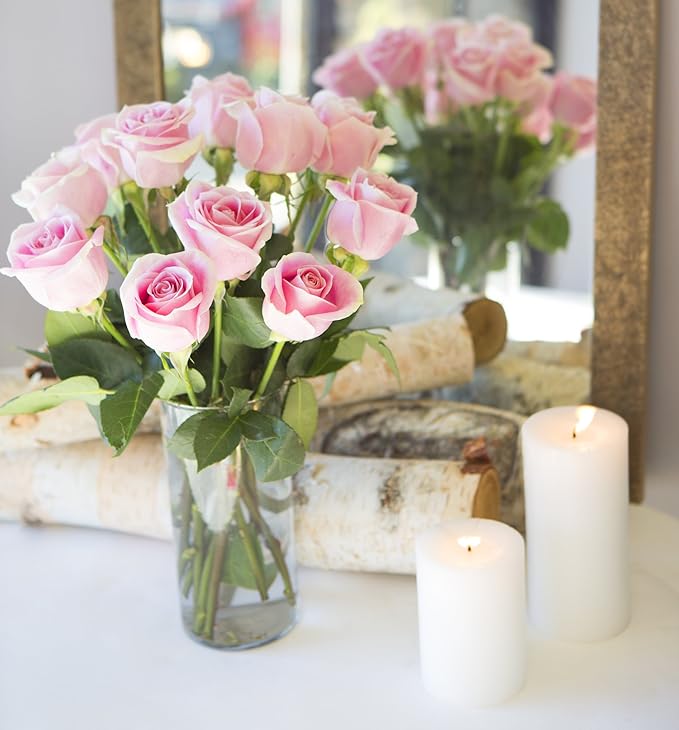 KaBloom - Bouquet of 12 Fresh Pink Roses (Farm-Fresh, Long-Stem) with Vase - Fresh Flowers for Birthday, Valentine's & Mother's Day