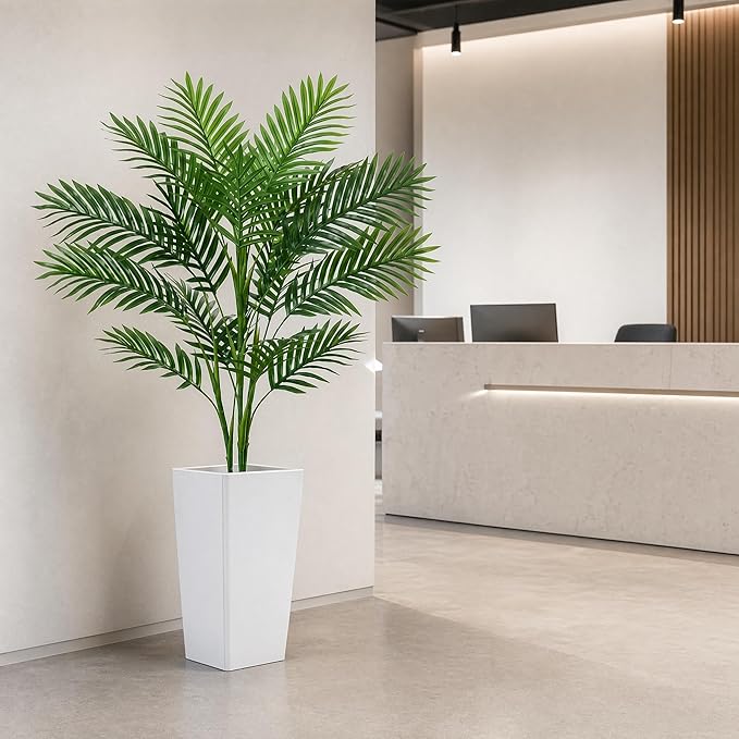 Garvee 4.2FT Artificial Palm Tree, Tall Faux Tropical Areca Plants with White Tall Planter, Fake Potted Tree with Lifelike Leaves for Indoor Living Room Bedroom Home Office Decor