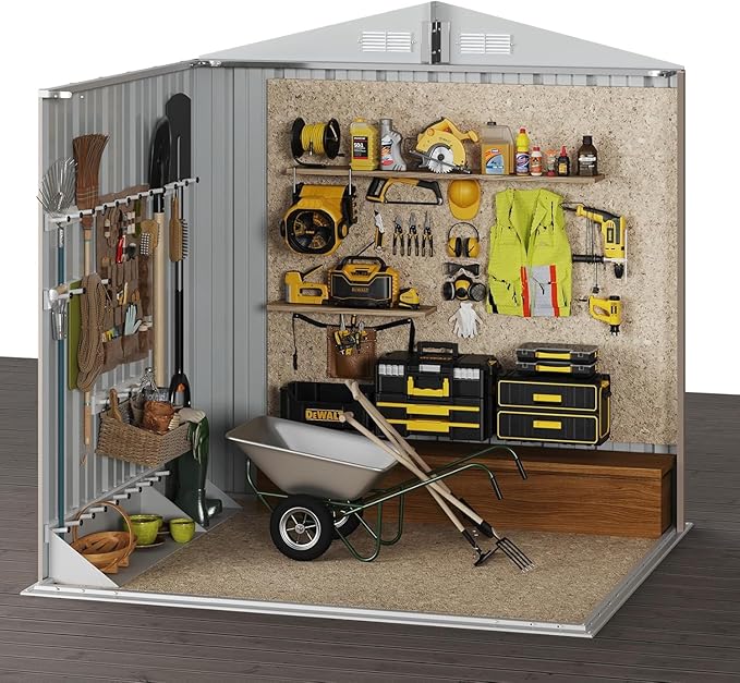 Aoxun 6.2x4 FT Shed with Solar Light Outdoor Storage Shed with Lockable Doors & Slooping Roof Metal Garden Tool Shed for Backyard, Patio, Poolside (Brown)
