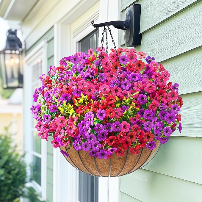 Artificial Flowers for Outdoors, 34 Bundles UV Resistant Fake Outdoor Flowers, Realistic Faux Outdoor Flowers for Decoration, Outside Fake Plants for Porch Garden Decor, Mixed Rose Red Purple