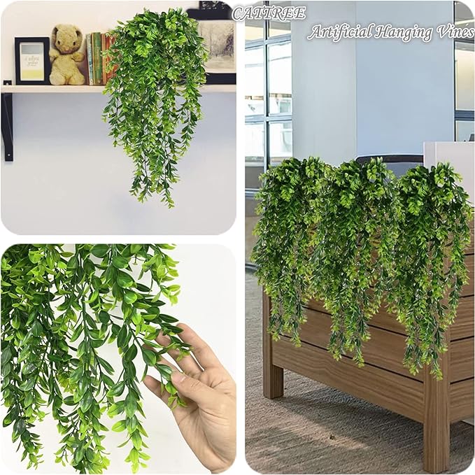 Artificial Hanging Vine, Faux Plastic Leaves Ivy Plants Fake Greenery Plant UV Resistant Vines Decor for Bedroom Indoor Outdoor Home Kitchen Garden Office Wall Wedding Christmas Decoration 2 Pack