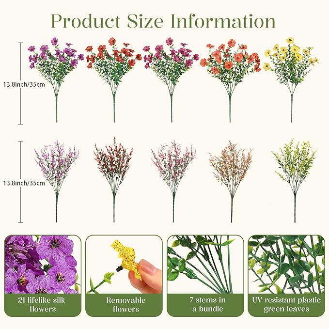 SHareconn 24 Bundles Artificial Flowers for Outdoors Decoration, Faux Plants Fake Silk Colorful Daisy Eucalyptus Lavender, UV Resistant for Outside Home Indoor Spring Decor, RedRosyPurpleYellowOrange