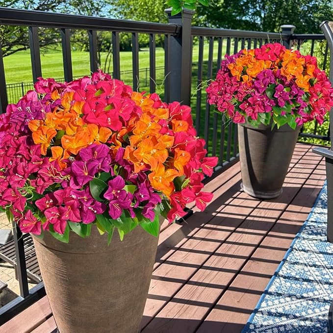 Spring Artificial Bougainvillea Flowers Fake Plants for Outdoors Porch Planters, UV Resistant Faux Realistic Silk Colorful Greenery for Summer Outside Patio Decoration, 8 Bundles