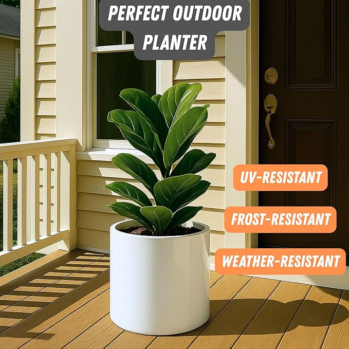 Fox & Fern 12" Large Plant Pot Fits Plant Stand - Fiberstone - Drainage Plug - Outdoor Indoor - Matte White
