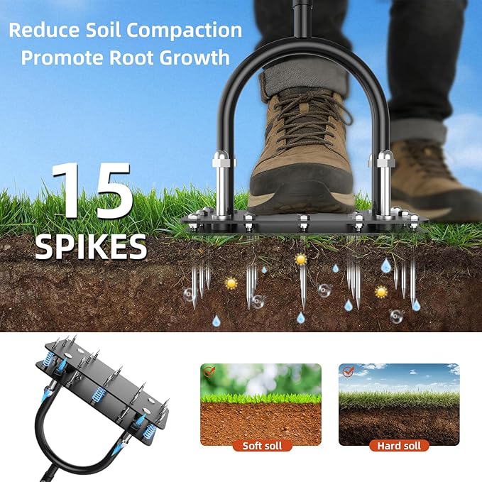 GAINO Manual Lawn Aerator Tool with 15 Spikes, 32"-35" Adjustable T-Handle Aerator for Lawn, Automatic Dirt Ejection Design, Heavy Duty Yard Grass Aerator for Soil Compaction，Black