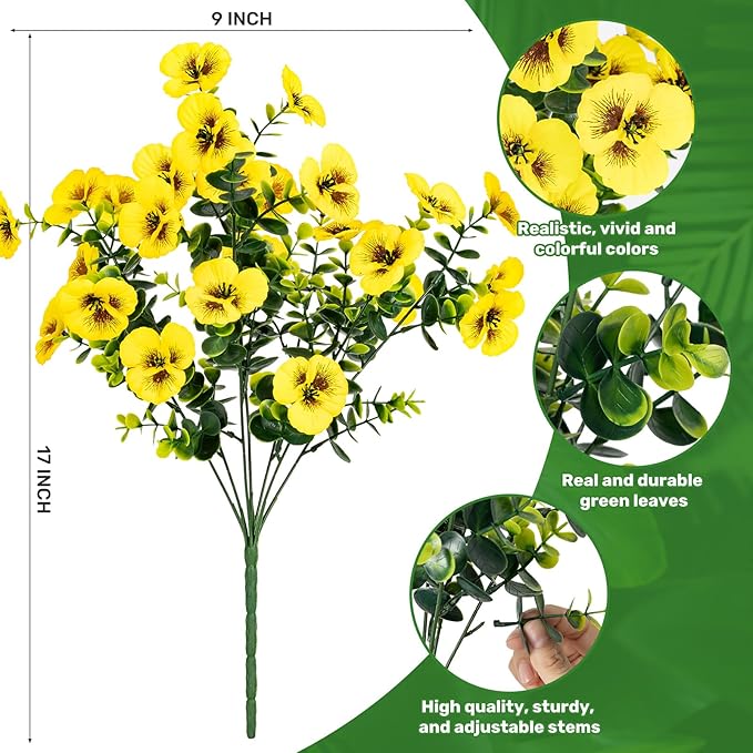 17 Inch Artificial Faux Pansy Flowers for Outdoor,Fake Pansies Flowers with Eucalyptus Leaves Fake Plants Greenery Boxwood Porch Patio Decor 6 Bundles(Light Purple,Dark Rose,Yellow)