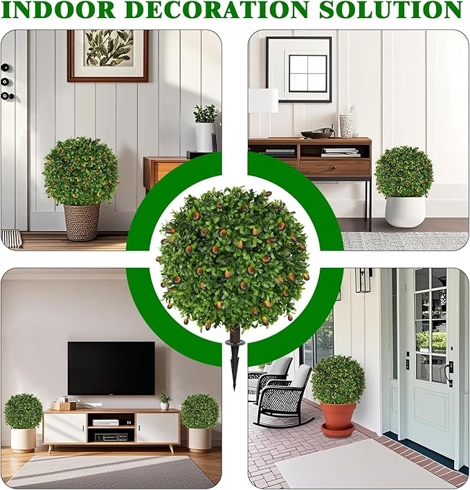 Grooy 2 Pack Artificial Olive Topiary Tree, Artificial Shrub Bushes with Ground Spike, Fake Evergreen Tree for Porch, Artificial Plants for Outdoor Planters Indoor UV Resistant