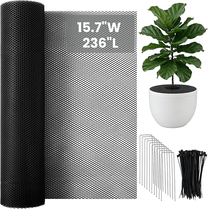 Cuttable Plant Pot Grid Set, 15.7" W x 236" L Indoor Plant Protector from Cats, Pot Soil Cover Protector from Animals with Stakes & Zip Ties for Garden Balcony, Fits Different Pot Sizes(Black)