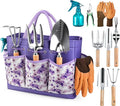 Grenebo Gardening Tools 9-Piece Heavy Duty Garden Hand Tools with Fashion and Durable Garden Tools Organizer Handbag, Rust-Proof Garden Tool Set, Ideal Gardening Gifts for Women (Purple)