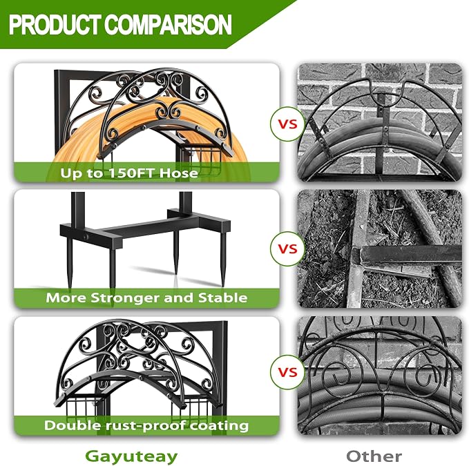 Gayuteay Garden Hose Holder – Water Hose Reel Stand with Storage Basket Holds 151ft, Heavy Duty Freestanding Garden Hanger Storage Rack for Outside Yard Lawn Farm