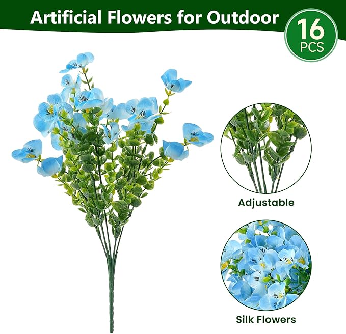 Artificial Flowers for Outdoor, UV Resistant Fake Silk Pansies Flowers, Realistic Faux Plants for Outside Indoor Porch Patio Window Box Planter Home Decor (16, Blue)