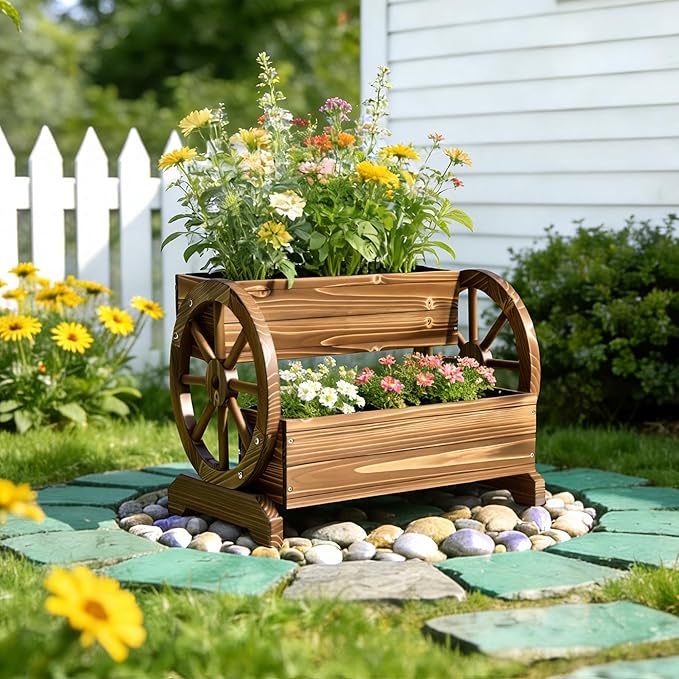 Wooden Wagon Planter Box, Extra Large 2-Tier Decorative Flower Cart with Wheels, Rustic Wood Planter with Drainage Holes & Non-Woven Liner, Raised Garden Bed for Flowers Herbs Vegetables