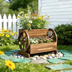 Wooden Wagon Planter Box, Extra Large 2-Tier Decorative Flower Cart with Wheels, Rustic Wood Planter with Drainage Holes & Non-Woven Liner, Raised Garden Bed for Flowers Herbs Vegetables