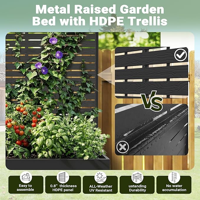 Metal Raised Garden Bed with HDPE Trellis, 45"x16"x59" Planter Box for Vegetables & Climbing Plants, Outdoor HDPE Privacy Screen Planter with Drainage Holes for Patio, Backyard, Garden