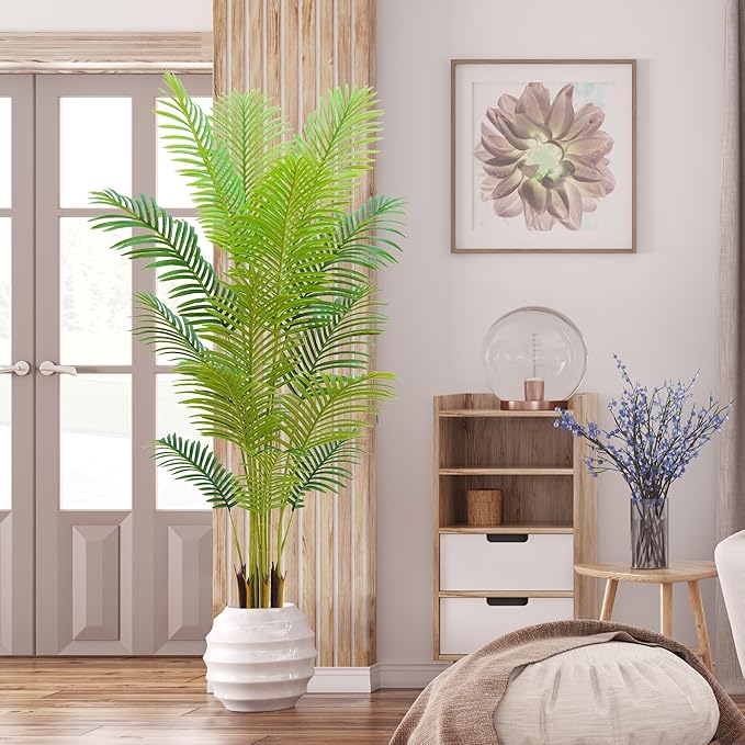 6FT Artificial Palm Tree Indoor with White Pot, Realistic Leaves, 15 Trunks Adjustable Branches, Tall Faux Fake Palm Plant, Ideal for Living Room Bedroom Office Home Interior Aesthetic Decor