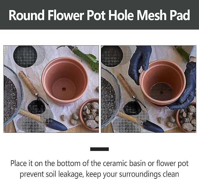 50PCS 4"/10cm Round Flower Pot Hole Mesh Pad, Plastic Plant Pot Mesh Hole Cover, Bonsai Bottom Grid Mat Pad for Garden Prevent Soil Loss