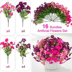 Daynight 32 Pcs Faux Petunias Artificial Flowers Plants for Outdoor Plant Decoration,Fake Petunias Realistic Silk Flowers for Porch Yard Garden Window Indoor Decor (32, Rosered,RedViolet)