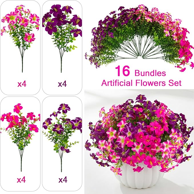 Daynight 32 Pcs Faux Petunias Artificial Flowers Plants for Outdoor Plant Decoration,Fake Petunias Realistic Silk Flowers for Porch Yard Garden Window Indoor Decor (32, Rosered,RedViolet)