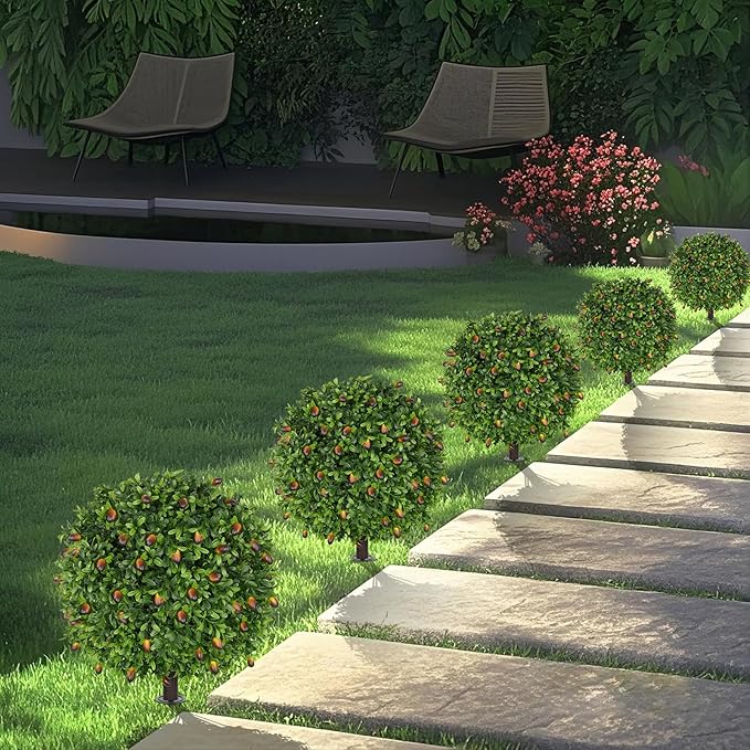 Grooy 2 Pack Artificial Olive Topiary Tree, Artificial Shrub Bushes with Ground Spike, Fake Evergreen Tree for Porch, Artificial Plants for Outdoor Planters Indoor UV Resistant