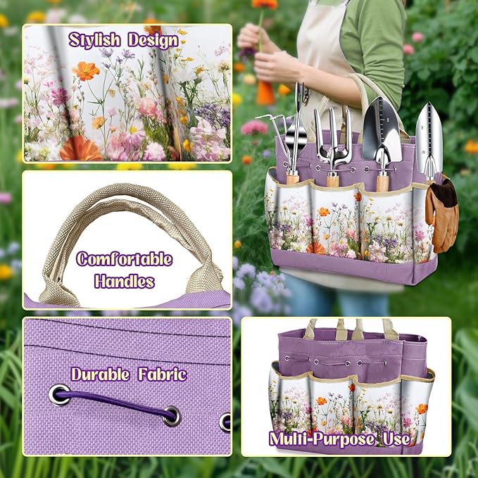 Gardening Tools 9-Piece Heavy-Duty Garden Tools Set, Stainless Steel Garden Hand Tools with Purple Floral Tote Bag and Repotting Mat Garden Supplies Kit Gifts for Women