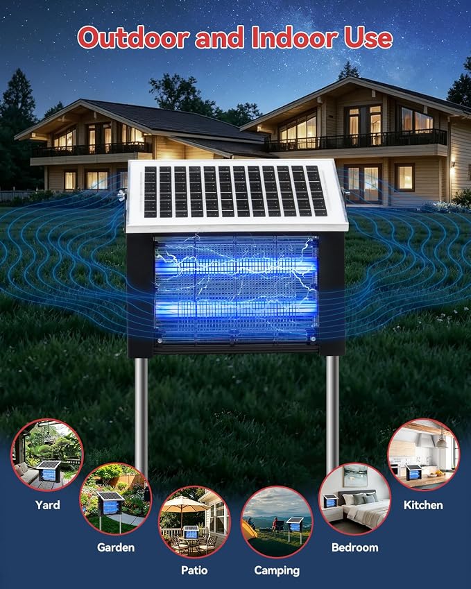 LANGY 10W Solar Bug Zapper Outdoor, 4500V Mosquito Zapper Outdoor Solar Waterproof Fly Zapper w 365nm Light, 5Ah Battery, 16.4ft Cord & Brush, Rechargeable Wireless Fly Insect Zapper Mosquitos Trap
