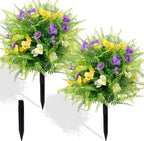 2 Pack Artificial Boxwood Topiary Ball Trees with Colorful Flowers for Outdoor - 23" UV Resistant Artificial Outdoor Shrubs Fake Bushes with Ground Spike for Front Porch Patio Garden Yard - Pansy&Fern