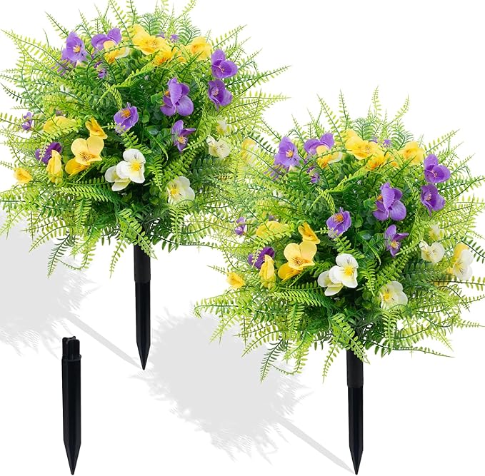 2 Pack Artificial Boxwood Topiary Ball Trees with Colorful Flowers for Outdoor - 23" UV Resistant Artificial Outdoor Shrubs Fake Bushes with Ground Spike for Front Porch Patio Garden Yard - Pansy&Fern
