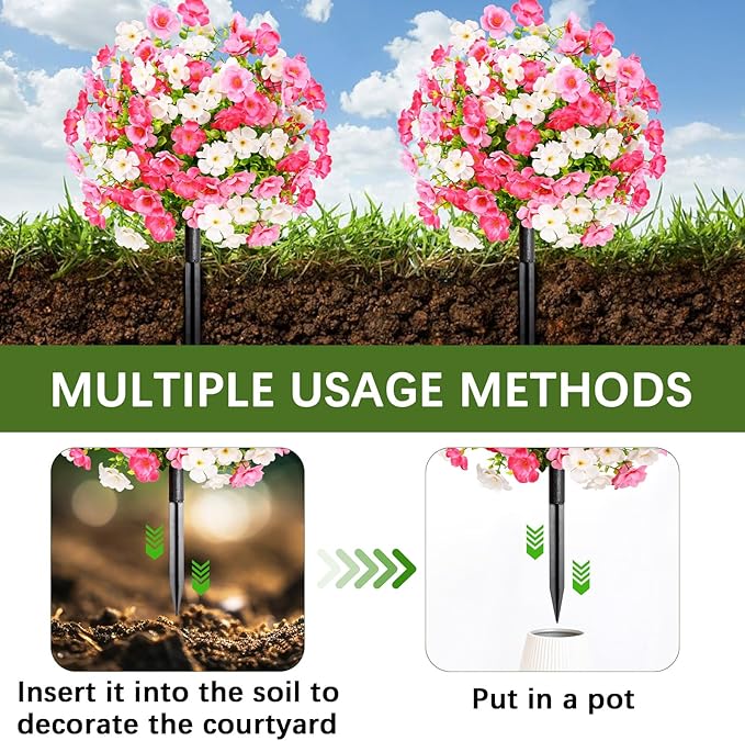 Waipfaru Set of 2 Artificial Boxwood Topiary with Colorful Flowers, 23" UV Resistant Fake Bushes Faux Outdoor Plants, Artificial Shrubs with Ground Spike for Outdoor Garden Front Porch(Pink, White)