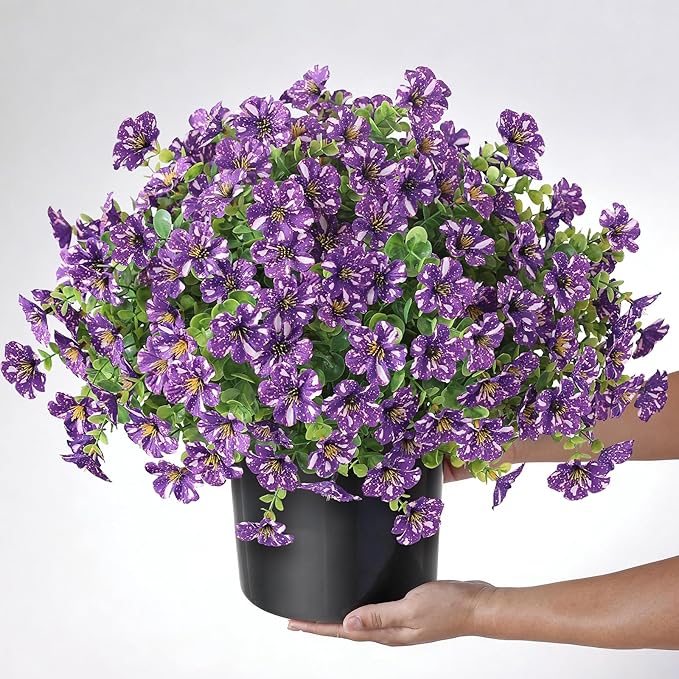 Artificial Morning Glory & Eucalyptus Topiary Trees - Set of 2 Faux Silk Flower Potted Plants, UV-Resistant Fake Outdoor Morning Glory Bushes for Front Door, Yard, Farmhouse, Garden Decor (Purple)