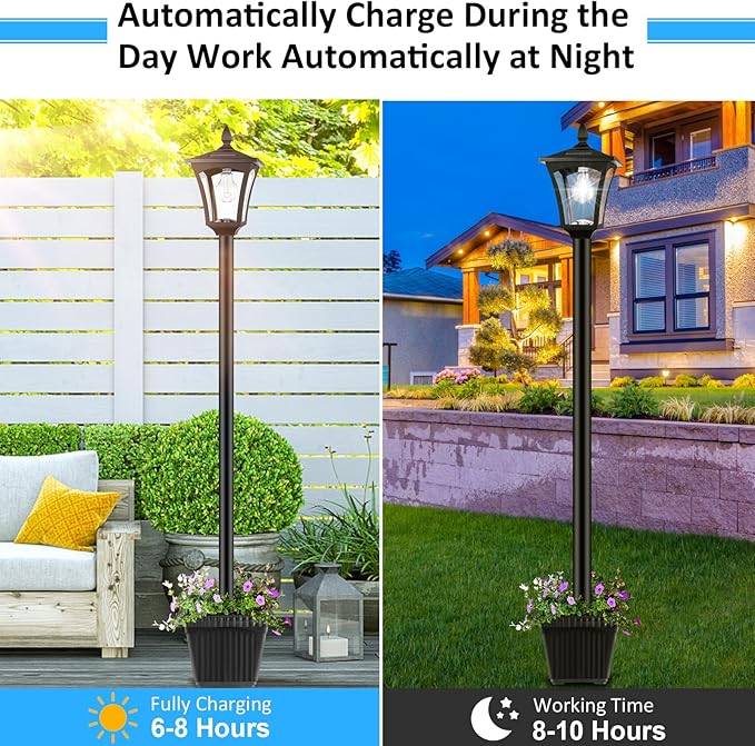 Derynome 72" Solar Lights Outdoor, 6000K Waterproof Solar Post Lamp Ligts with Planter, Dusk to Dawn Garden Lights for Backyard, Pathway, Patio,Lawn, Driveway Decor