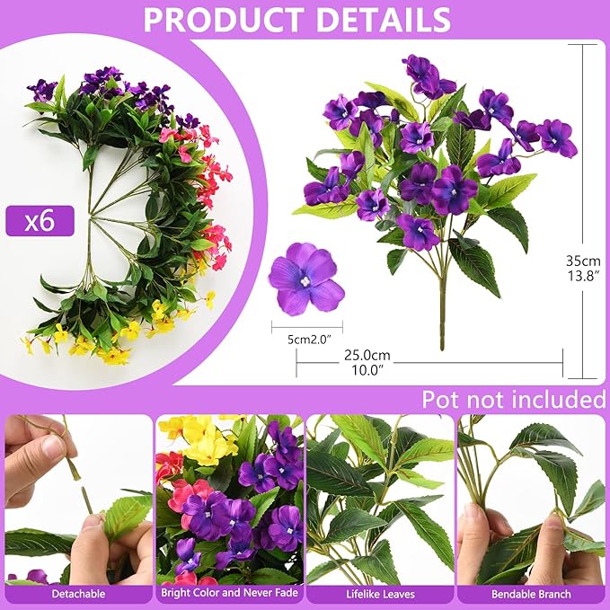 Artificial Impatiens Flowers for Outdoors, 6 Bundles Multicolor Silk Fake Flowers for Spring Summer Decoration, UV Resistant Faux Plants Plastic Bouquet for Home Planter Porch Patio Yard Decor